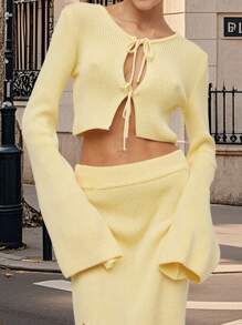 Women's Knit Sweater Long Sleeve Round Neck Tie-Up Front Solid Color Cardigan Fall Sweater - Yellow - View 3