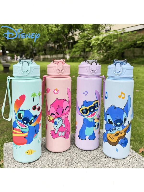 Disney Botella de agua deportiva transparente de Disney Cute Stitch dibujos animados de 800ml/27oz, a prueba de fugas con tapa emergente, adecuada para fitness, correr, regalo para ella, botella de agua con pajita, botella de agua del gimnasio, botellas de jugo, botella de agua para mujeres, regalo de cumpleaños y presente elegante del Día de la Madre