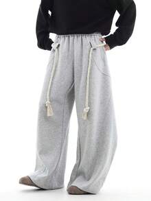 男士时尚绳结细节弯腰阔腿裤，男士长裤，男士休闲裤，美式街头风宽松筒状长裤，宽松弯腰裤，男士长裤，男士阔腿裤，万圣节礼物，圣诞节礼物，送男友的礼物，男友礼物，浅灰色长裤，秋季 - 淺灰色 - 查看 4