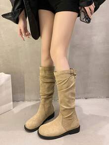 Botas de Bico Quadrado para Mulheres, Botas de Cano Alto Estilo Britânico, Botas de Primavera/Outono, Botas Versáteis de Moda Estilo Ocidental para Mulheres de Baixa Estatura, Botas Plissadas Acima do Joelho para Senhoras