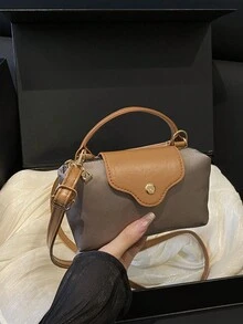 New Fashion Women's Handbag, Textured Fabric Patchwork Contrast Color Small Square Bag, Large Capacity Tote Bag, Minimalist Stylish Crossbody Bag With Detachable Adjustable Shoulder Strap - Khaki - View 3