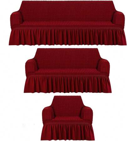 3 Pieza Funda Cubre Sala con Falda Tipo Plumeti Funda de Sofá Lavable Elástica Fácil de Instalar Fundas para Sillones Sala  (1 plaza, 2 plazas, 3 plazas) Decoración Sala Rojo