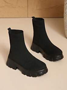 New Plus Size Women's Boots, Elastic Sock Boots, Casual High-Top, Breathable, Lightweight, Knitted Mid-Calf, Thick Sole, Outdoor, Vacation, Stitching, Solid Color, Comfortable, Daily, Non-Slip, Outdoor, Party, Polyurethane Sole, Soft, Not Heavy, Not Tiring, Outdoor - Black - View 8