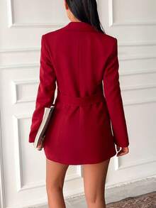 女士时尚西装外套，配有腰带环、长袖和口袋，适合春秋冬季 - 酒紅色 - 查看 2