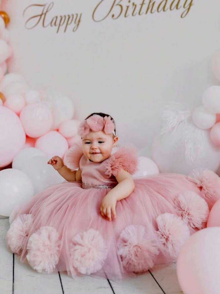 Vestido elegante de fiesta de Navidad con mangas cortas y volantes de tul con flores 3D en rosa para niñas, vestido de princesa adecuado para la fiesta del 1er cumpleaños de la bebé, boda, Acción de Gracias - Rosa - Añade 5