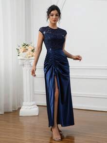 Đầm nữ thanh lịch ren đính sequin, hở lưng, xẻ tà, thích hợp cho Giáng sinh, Năm mới, các ngày lễ, sinh nhật, họp mặt, tiệc tùng, dạ hội, tiệc tối trang trọng, tiệc cocktail, đám cưới, hẹn hò. - Màu xanh hải quân - Xem 7