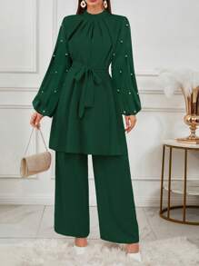 女式仿珍珠领系腰带长袖上衣和裤子阿拉伯风格服装、教师服装、商务休闲装、返校服装