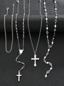 4-In-1 Vintage Elegant Fashion Hip Hop Retro Coin Rhinestone Cross Pendant Tassel Long Necklace Set, Unique Layered Choker Necklace For Women, Suitable For Summer, Party, Formal Occasion, Daily Wear