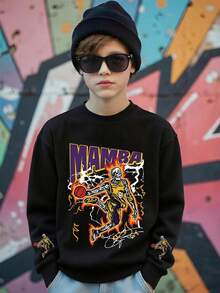 青少年男孩篮球印花圆领卫衣，休闲舒适，秋冬时尚可爱 - 黑色 - 查看 7