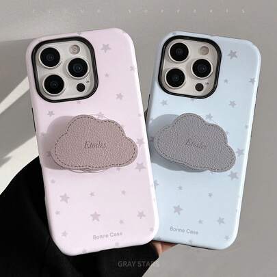 GUCADI 2-In-1 Matte Leather Texture Cloud Holder 16/15 Pro Max/13/12 Phone Case, High-End Starry Style, Creative Korean Design Waterproof Shockproof Anti-Fall Scratch Resistant