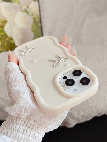 1pc Millennium Dopamine Macaron Big Wave Phone Case Compatible With IPhone 16/Compatible With Note 11 4G/Galaxy A55/ Note 30/ Moto E30/Camon 20/Camon 20 Pro 4G/Spark 8C/Spark Go 2022/Smart 7, Smart 8, Metal Bowknot Pearl Decor Waterproof Shockproof Anti-Fall Scratch Resistant