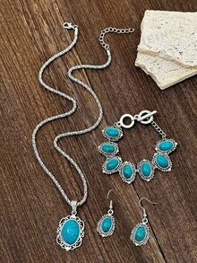 1 套复古波西米亚风格绿松石花卉几何图案首饰套装：2 件耳环、1 件手链、1 件项链，适合女士和女孩，适合约会、聚会、派对、度假、日常佩戴 - 彩色 - 查看 2