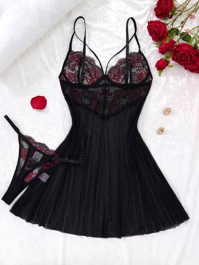 Zwart Rood Rose Gothic Contrast Kanten Verleidelijke Short Lingerie Dress Thong, Going Out view 2
