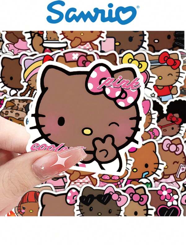 Sanrio 56 pièces Autocollants personnalisés de graffitis de chat de dessin animé en cuir noir créatifs, imperméables pour décorer les coques de téléphone, les journaux, les bureaux