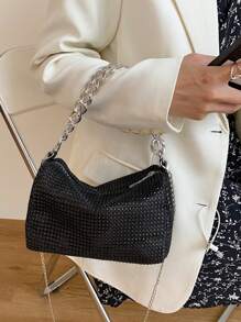 Shiny Rhinestone Hollow Metal Chain Decor Zipper Closure Women's Shoulder Bag
