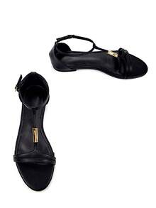 Sandal nữ đế bằng kiểu dáng thanh lịch với khóa kim loại vàng, chất liệu da PU màu đen, mũi tròn, quai ngang mắt cá chân, thích hợp cho mùa xuân hè. - màu đen - Xem 4