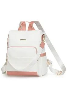 Women's Patchwork Contrast Color Casual Large Capacity Backpack, Minimalist Versatile Shoulder Bag, Student Backpack, Mommy Bag, Commuter Bag, Suitable For Travel, Student Design, Elegant Elegant, With Pom-Pom Pendant - Pink - View 4