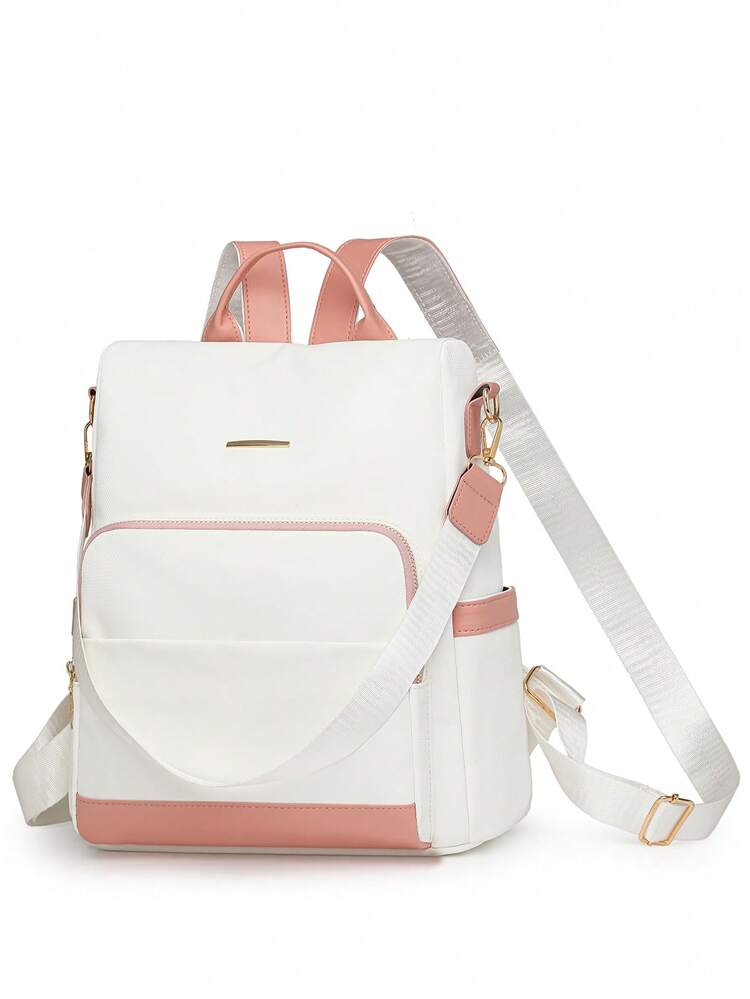 Women's Patchwork Contrast Color Casual Large Capacity Backpack, Minimalist Versatile Shoulder Bag, Student Backpack, Mommy Bag, Commuter Bag, Suitable For Travel, Student Design, Elegant Elegant, With Pom-Pom Pendant - Pink - View 3