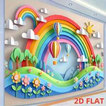 带有热气球和太阳的 2D 平面彩虹壁画 - 充满活力的聚酯派对背景，适用于室内/室外装饰、摄影工作室道具和节日庆典，易于悬挂，彩虹装饰