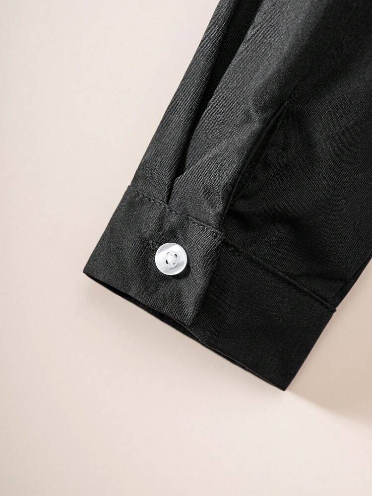 Boys & Kids Classic Black Pocket Long Sleeve Shirt, Formal Attire Suitable For Casual Gatherings, Ring Bearer, Various Formal Occasions - Black - View 7