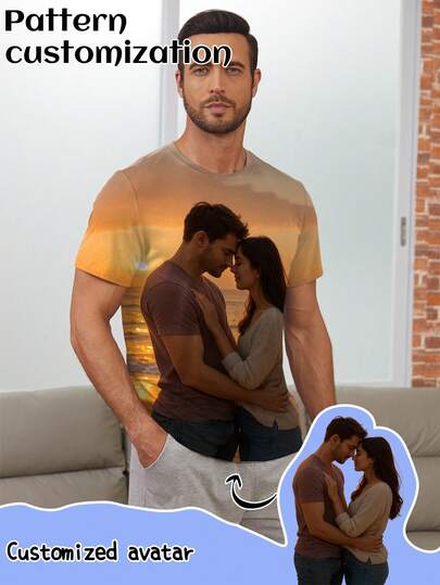 Printstory Customized Couple 3D Printed T-Shirts - Breathable Polyester, Crew Neck, Short Sleeve, Suitable For Casual Summer Wear And Gifts
