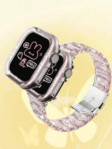 1件/套,兼容苹果手表表带和表壳,透明闪光树脂表带+PC闪光透明表壳,半封闭式防震硬壳,变色龙冰川透明表带,女士手表表带,尺寸可选:38毫米、40毫米、41毫米、42毫米、44毫米、45毫米、特大号49毫米,透明彩色腕带 - 粉色 - 查看 5