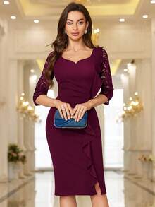 MIUSOL Đầm ôm body dự tiệc cocktail cổ tim ren hoa tương phản cổ điển, tay áo 3/4, viền bèo nhún, đầm bút chì, đầm công sở, đầm mặc đi làm - Màu Đỏ Sâu - Xem 4