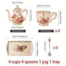 Juego de té de porcelana con rosas vintage, tazas de té con tetera, bandeja de servir y cucharitas, servicio para 4 personas, adecuado para regalos de fiestas de té - Multicolor - Ver 3
