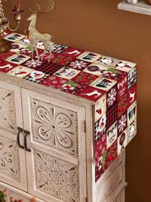 1pc Festive Christmas Table Runner, Multi-Grid Christmas Elements Table Flag, Santa Snowman Elk Xmas Tree Pattern, Polyester Fabric, Seasonal Winter Xmas Kitchen Dining Table Decoration For Home Party Decor, Christmas Decorations 2025