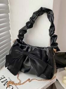 Bolso de hombro con cadena plisada y decoración de lazo - Negro - Ver 2