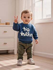 Toddler Boys Knitted Jumper Big Bro Letter Embroidery Round Neck Pullover Sweater Baby Warm Knit Tops Pullover Knitwear - 西部藍 - 查看 6