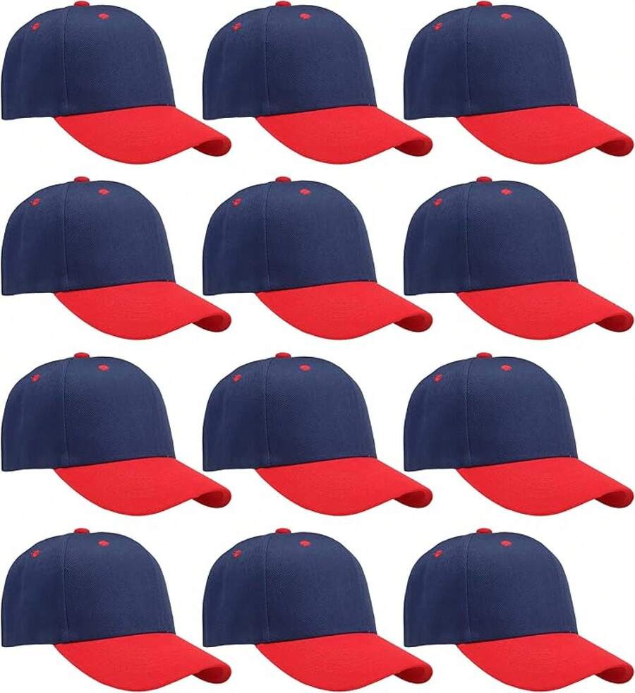 Bulk Lot 12-Pack Adjustable Size Plain Blank Solid Color Baseball Caps - Navy/Red - View 1
