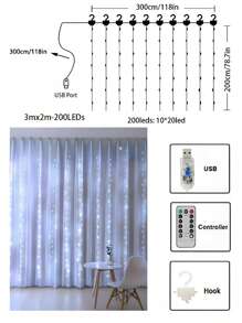 1 件 LED 铜线窗帘灯串 3*1 米 /3*2 米 /3*3 米 USB 遥控器带挂钩房间装饰灯氛围彩色灯串，情人节氛围装饰，适用于家庭、派对、节日、婚礼、生日、乡村、节日、季节性装饰、新年、春节 - 白色 - 查看 18