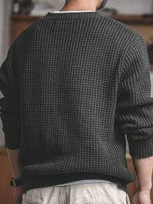 男士休闲百搭纯色提花圆领长袖毛衣，秋冬