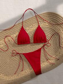 Bộ bikini dự tiệc PEPPERMOLLY mới, màu trơn, dây mảnh, kiểu đan chéo, hở lưng, thích hợp cho mùa hè đi biển, dành cho nữ, màu đen, thích hợp cho kỳ nghỉ. - Đỏ sẫm - Xem 3
