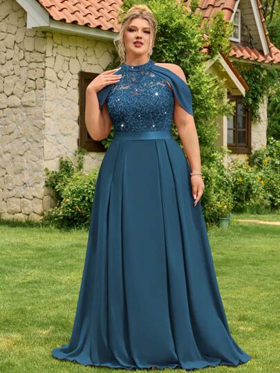 Plus Halter Neck Sequin Floral Lace Cutout Shoulder Cape Sleeve Contrast Chiffon Pleated Hem Formal Party Dress Prom Wedding Guest Gown, For Graduation, Dinner