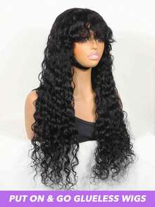 无胶水波人发假发，带刘海，100% 未加工巴西原生发，全机器制造，无蕾丝前假发，女士卷发波浪假发，带刘海，150% 密度 - Natural Black - 查看 2