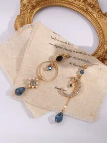 女士优雅蓝色水钻泪珠月亮流苏不对称长耳环