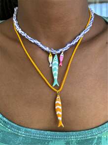 彩色鱼吊坠串珠彩色不锈钢链项链时尚优雅项链女士珠宝节日配饰