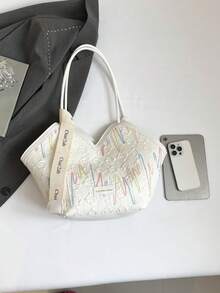 女士时尚纯色大容量单肩托特包，配围巾，适合购物、钱包、年轻女性、大学生、新婚夫妇、办公室女士。非常适合办公室、大学、工作、商务、通勤、户外活动、旅行和野餐 - 白色 - 查看 9