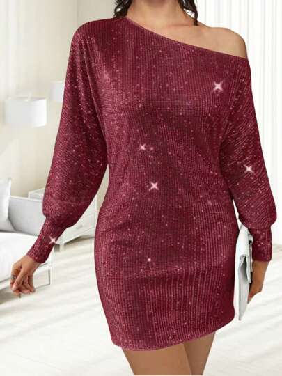 Women's Sparkly Sequins Long Sleeve Off One Shoulder Mini Dress Slim Fit Casual Short Dresses