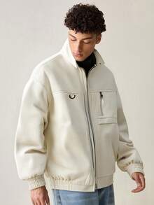 Men Minimalist High-End Beige Utility Jacket, Metal Buttons And Zipper Pockets, Very Stylish, Fall - White - View 1