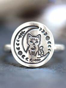 1 قطعة خاتم بتصميم قطة القمر المطلي بالفضة ذو طابع غامض وأنيق، مناسب للجنسين، مناسب كهدية للعائلة/الأصدقاء/الشريك