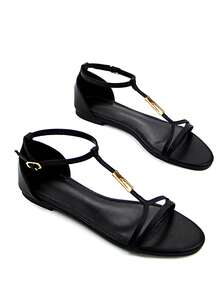 Sandal nữ đế bằng kiểu dáng thanh lịch với khóa kim loại vàng, chất liệu da PU màu đen, mũi tròn, quai ngang mắt cá chân, thích hợp cho mùa xuân hè. - màu đen - Xem 2