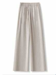 女士腰带中腰条纹色织复古优雅休闲办公室直筒裤（含腰带） - 杏色 - 查看 4