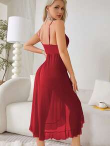 SOFUSEN 性感V领无袖吊带睡裙配丁字裤套装，内衣套装 - 酒紅色 - 查看 3