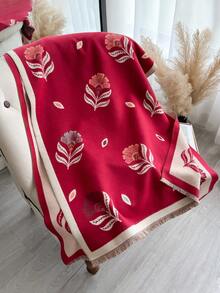 1pc Floral Jacquard Knit Faux Cashmere Warm Scarf/Wrap For Women, Versatile Fashion Accessory For Autumn/Winter, Suitable For Decoration For Dress - Red - View 3