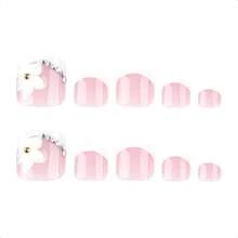 French Tip Press On Toenails Short Square Fake Toe Nails White Flower False Toenails 3D Floral Toe Press On Nails With Rhiness Design Ossy Pink Acrylic Toenails Summer Nails For Women 24Pcs-0345 - 粉色 - 查看 6