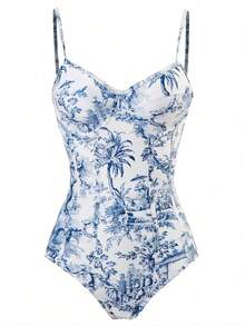 One Piece Bathing Suit For Women With Beach Cover Up Wrap Skirt Swimsuit  Retro Floral Print Bikini Set - Xanh và trắng - Xem 1