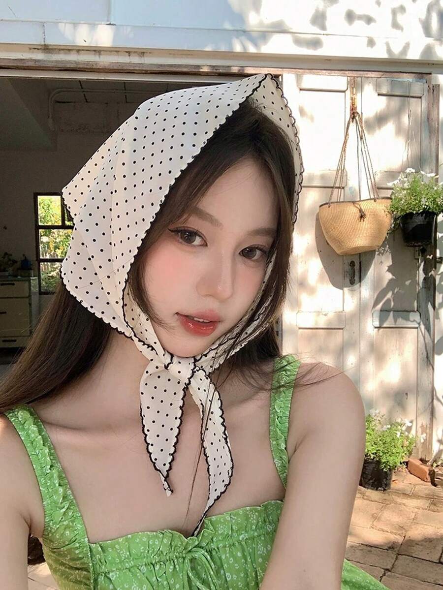 女士头巾 1 件波尔卡圆点三角围巾，休闲百搭时尚柔软甜美清新风格圆点头带，法式头巾，高端艺术感拍照道具发饰女士发饰秋季配饰秋冬发带适合度假装女士 - 彩色 - 查看 1
